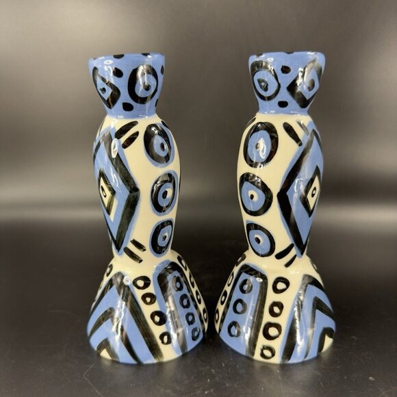 Hand Painted Vintage Pottery Candle Stick Holder Set 2 Signed YCHUK Abstract 2 - Picture 10 of 11